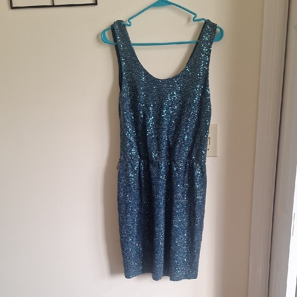 Express Modern Showgirl Teal Sequin Mini Dress Size M - Picture 4 of 10
